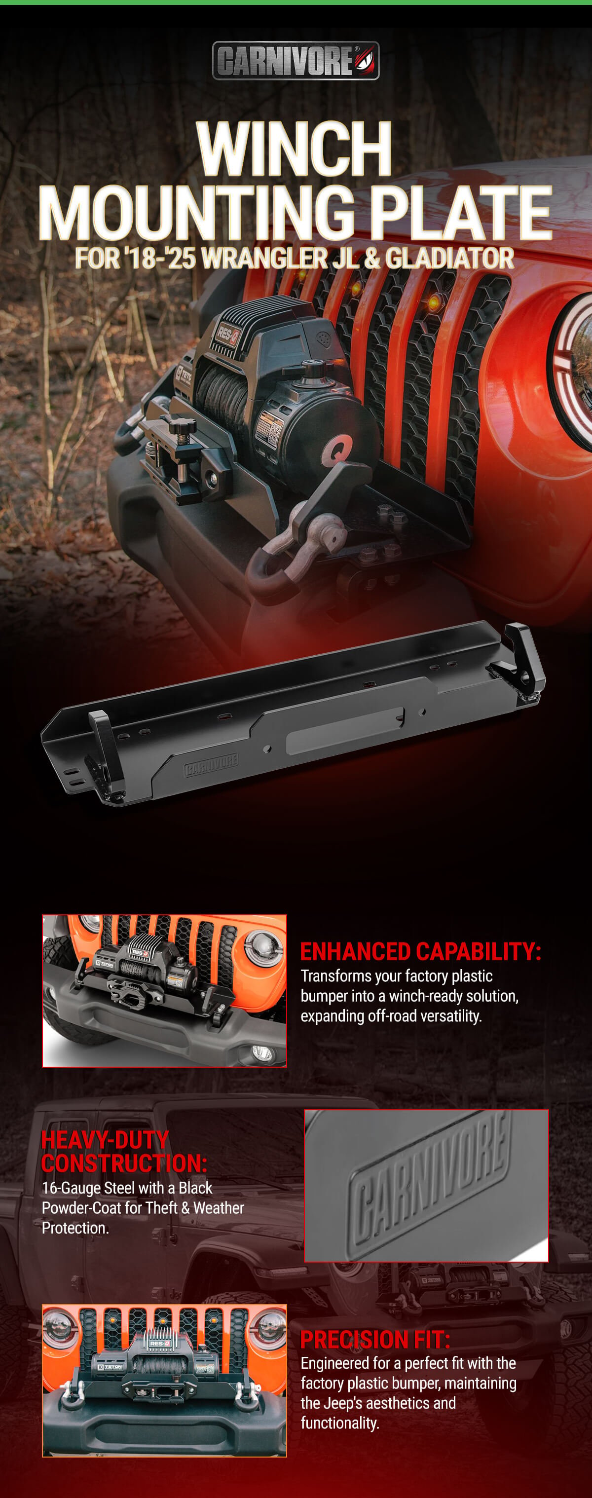 Carnivore Winch Mounting Plate for 18-25 Jeep Wrangler JL and Gladiator JT infographic